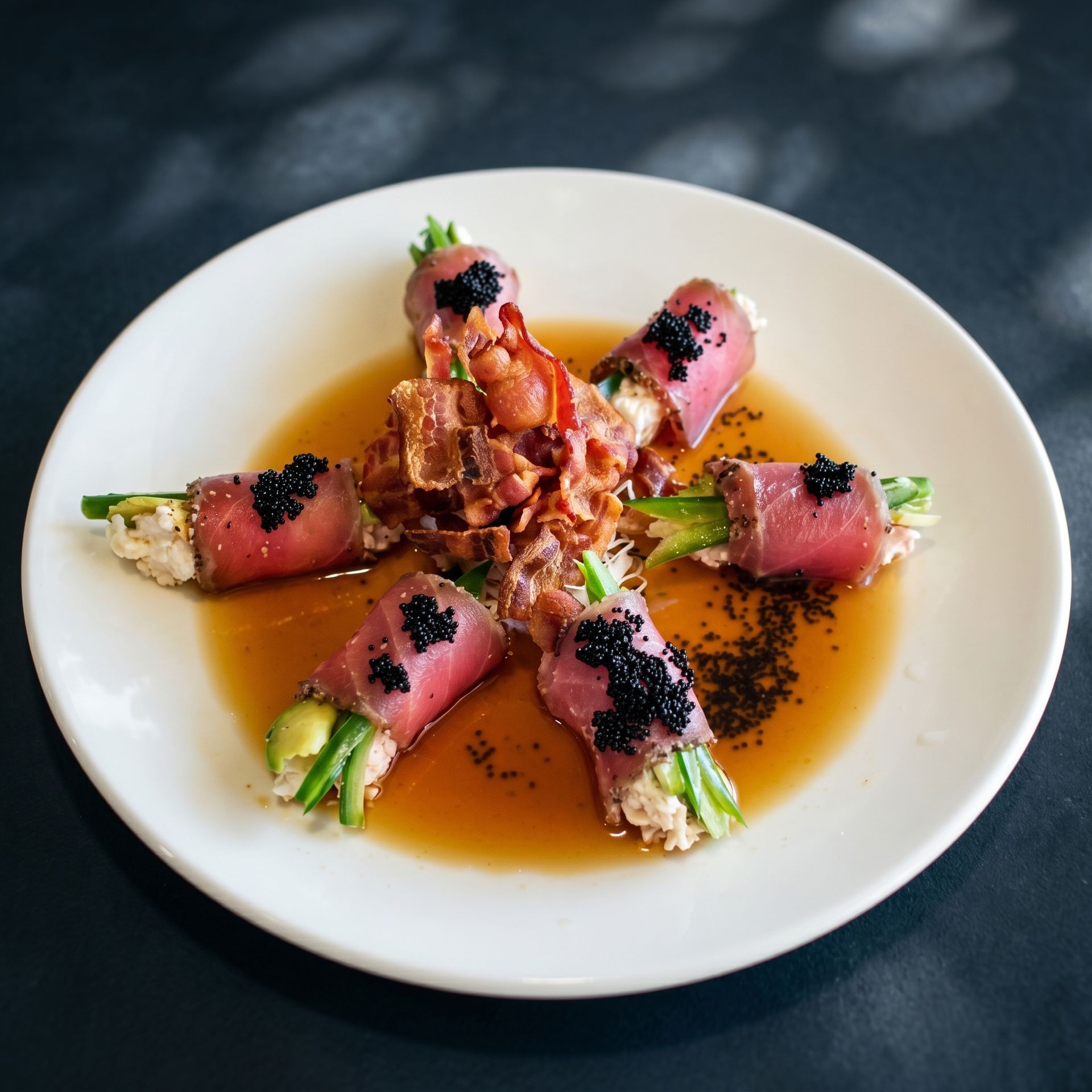 Gourmet sushi rolls topped with pink fish and caviar on a white plate, drizzled with amber sauce