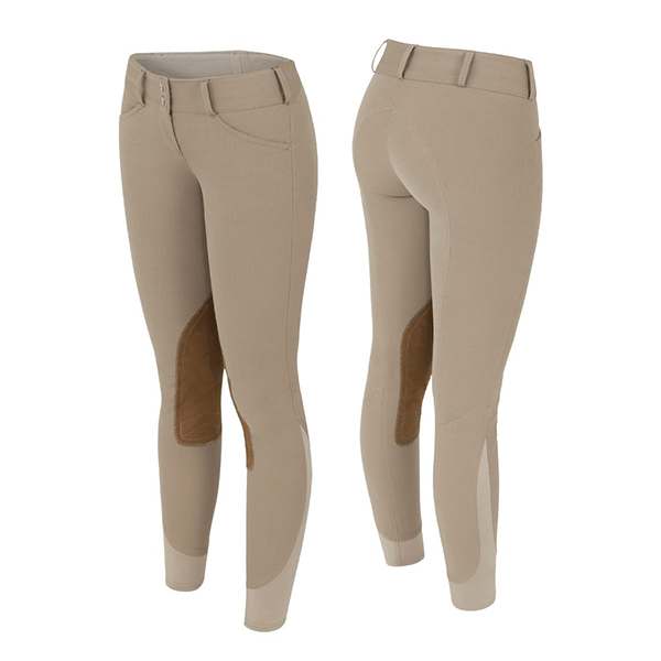 Beige equestrian riding breeches shown front and back, with brown knee patches and full-seat style panels