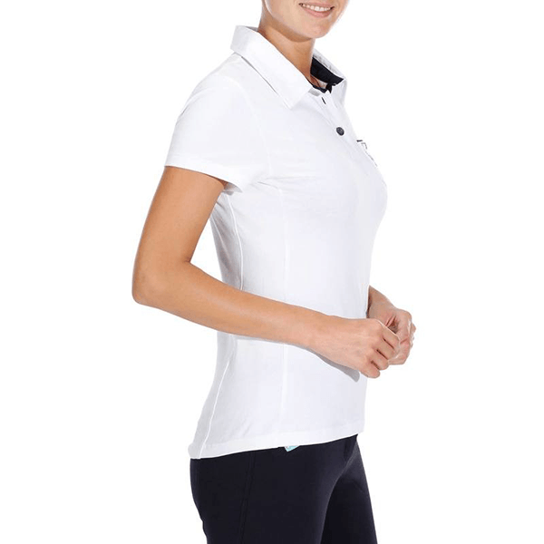 Person in a white polo shirt and black pants, standing in profile against a white background