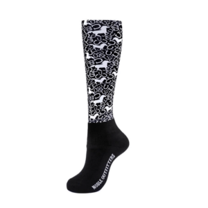Black and white patterned knee-high sock with black foot and white logo text