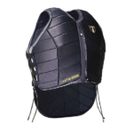 Black padded protective vest with adjustable side laces on a white background
