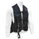 Black zip-up life jacket vest with front buckle and hanging strap on a white mannequin torso