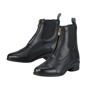 Black leather ankle boots with zippers and low heels on a white background