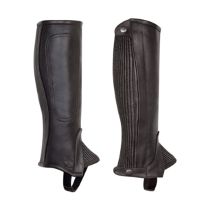 Black leather tall riding boots shown front and back, with rear zippers and spur rests.