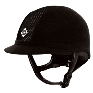 Black equestrian riding helmet with visor and chin strap on white background