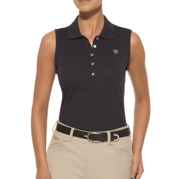 Black sleeveless polo shirt with collar and buttons, shown with beige pants and belt on a white background