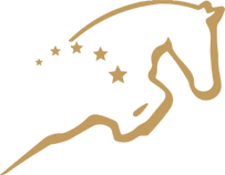 Gold outline of a galloping horse head with five gold stars above it on a white background
