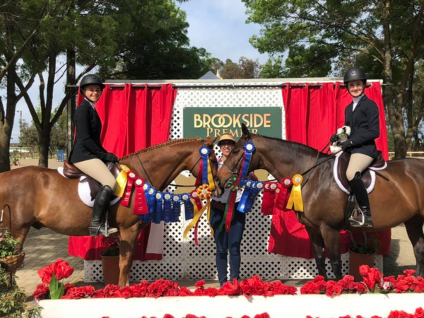 Two riders on horses flanking a trophy stand at a Brookside show-jumping awards presentation