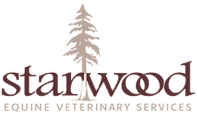 Starwood Equine Veterinary Services logo with maroon text and a tan tree icon