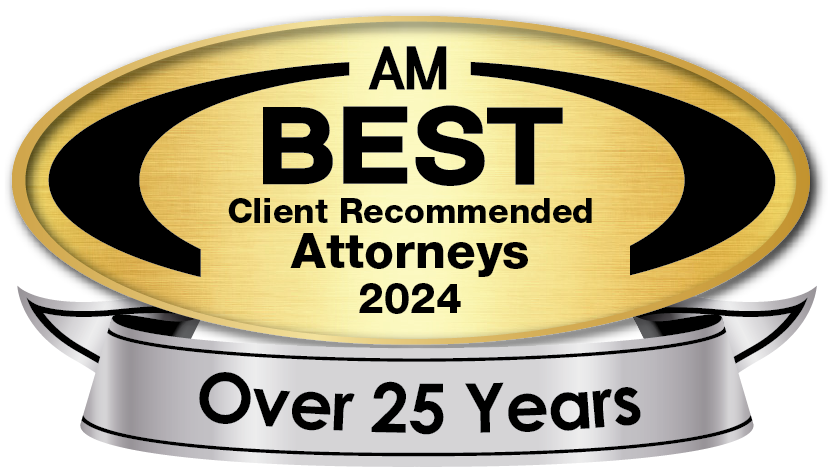 A badge that says am best client recommended attorneys over 25 years