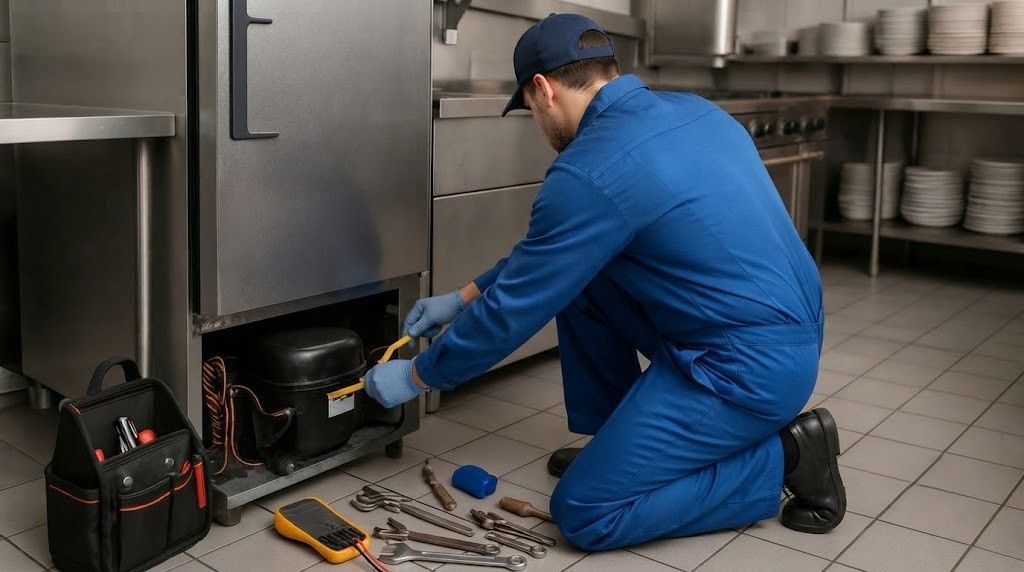 Technician in blue uniform repairing kitchen equipment on the floor in a commercial kitchen