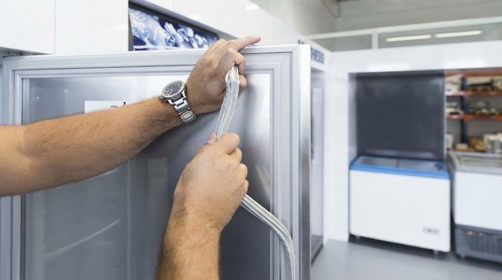 Hands replacing the door gasket on a stainless steel refrigerator in a kitchen or workshop