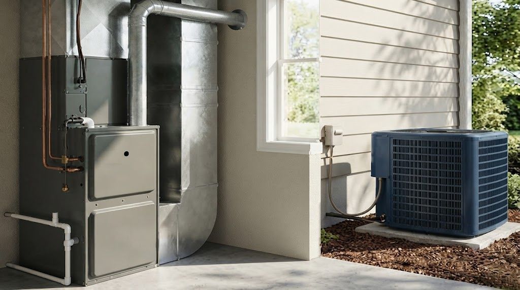 Outdoor HVAC unit beside a house wall near a window and metal furnace equipment