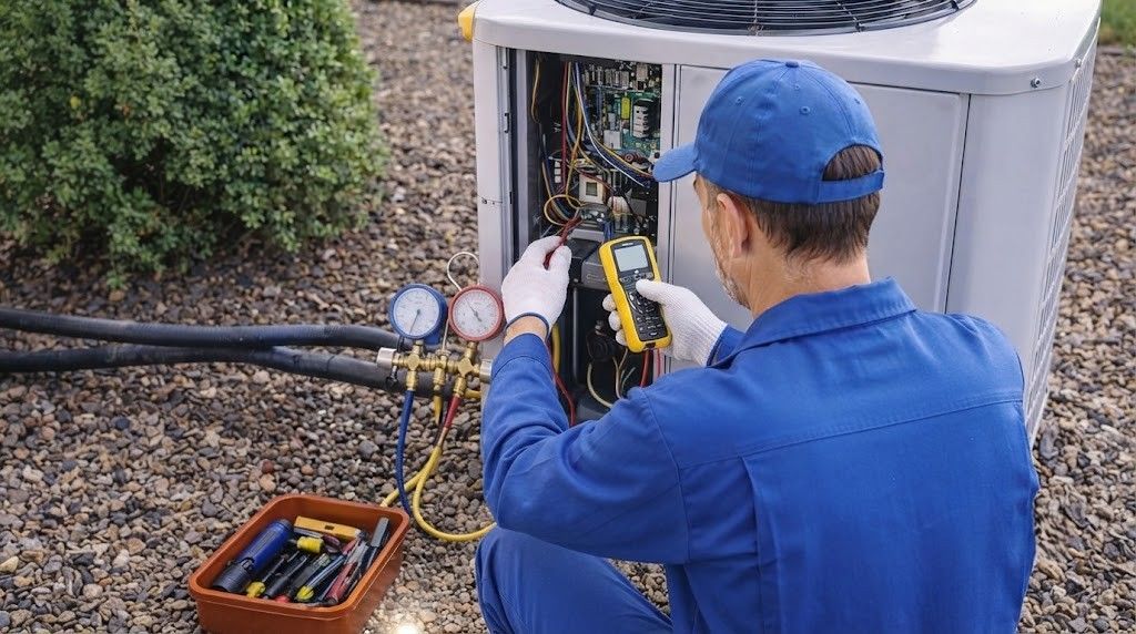 Technician in blue uniform inspecting HVAC unit with gauges and tools outdoors