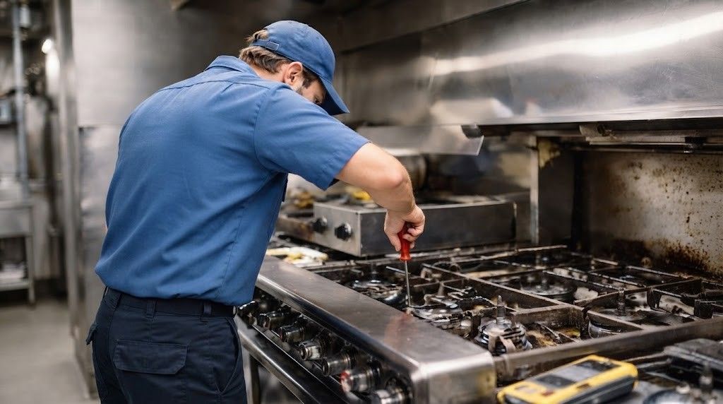 Cook in blue uniform cleaning a stainless steel commercial stove in a busy kitchen
