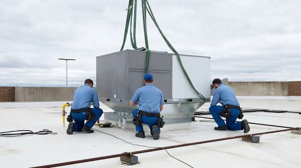 Three workers in blue uniforms guiding a large gray equipment unit on a rooftop.