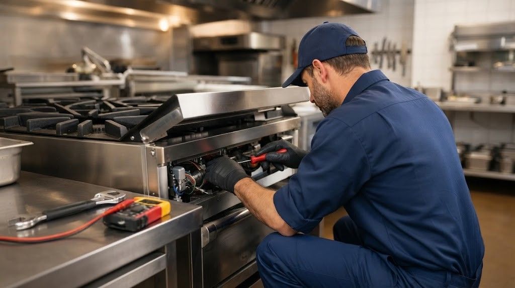 Chef in blue uniform repairing a stove in a commercial kitchen