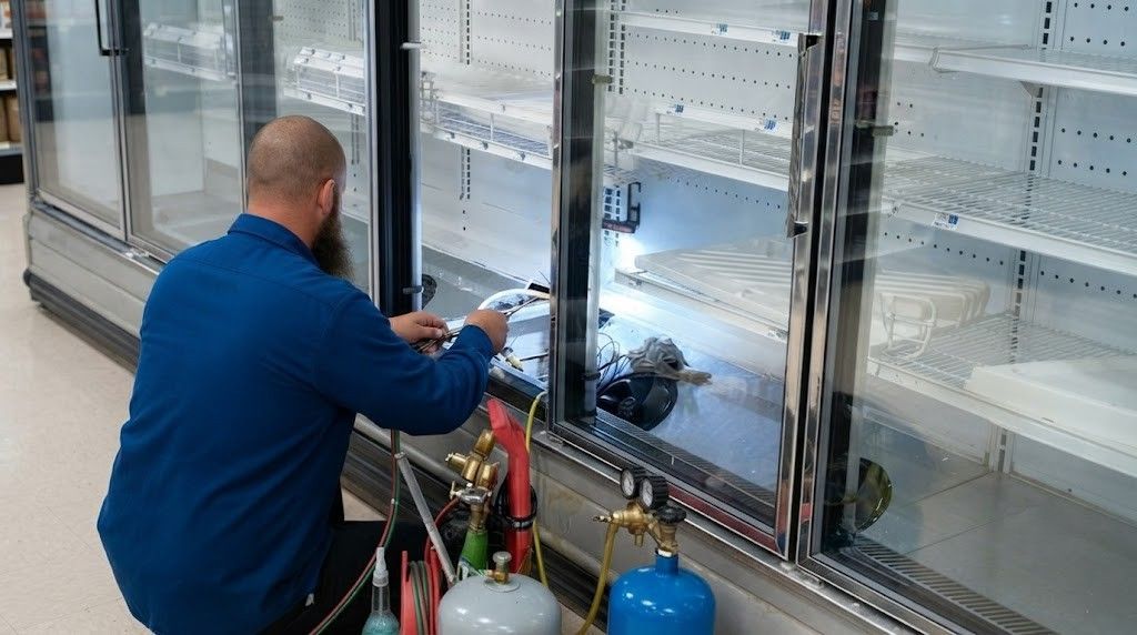 Technician working on a refrigerated glass-door display case beside gas cylinders