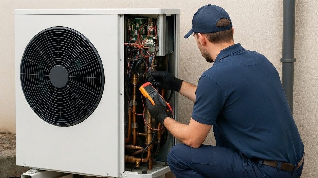 Technician inspecting outdoor HVAC unit with a multimeter beside an open panel