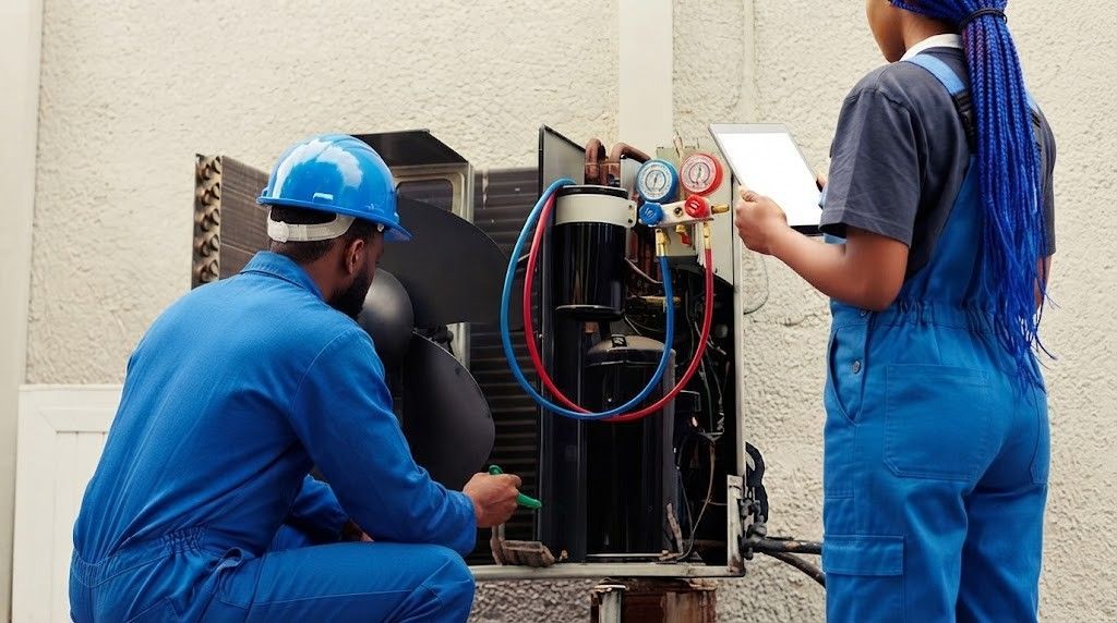Two workers in blue uniforms inspect electrical equipment outdoors.