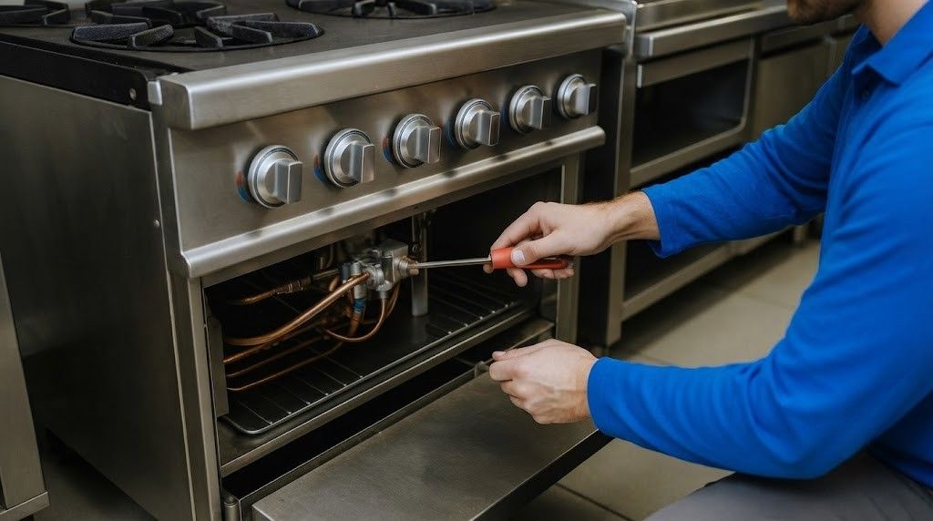 Person repairing a stainless steel oven with a screwdriver, kitchen setting