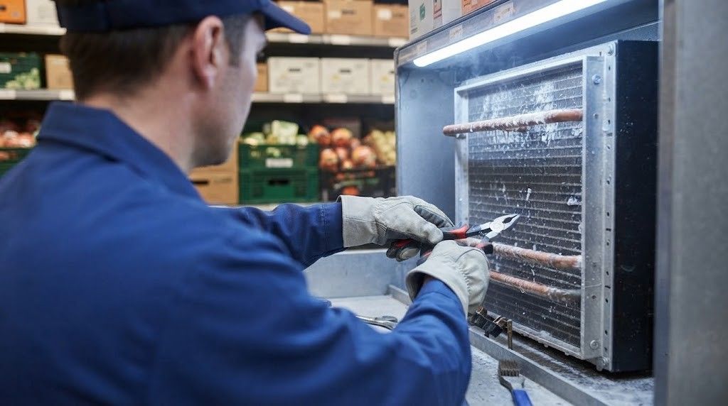 Technician in blue uniform using pliers to repair an industrial oven or appliance.
