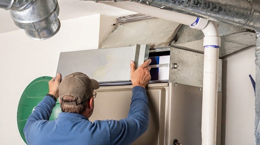 Person working on pipes above a refrigerator in a utility area, reaching into the ceiling