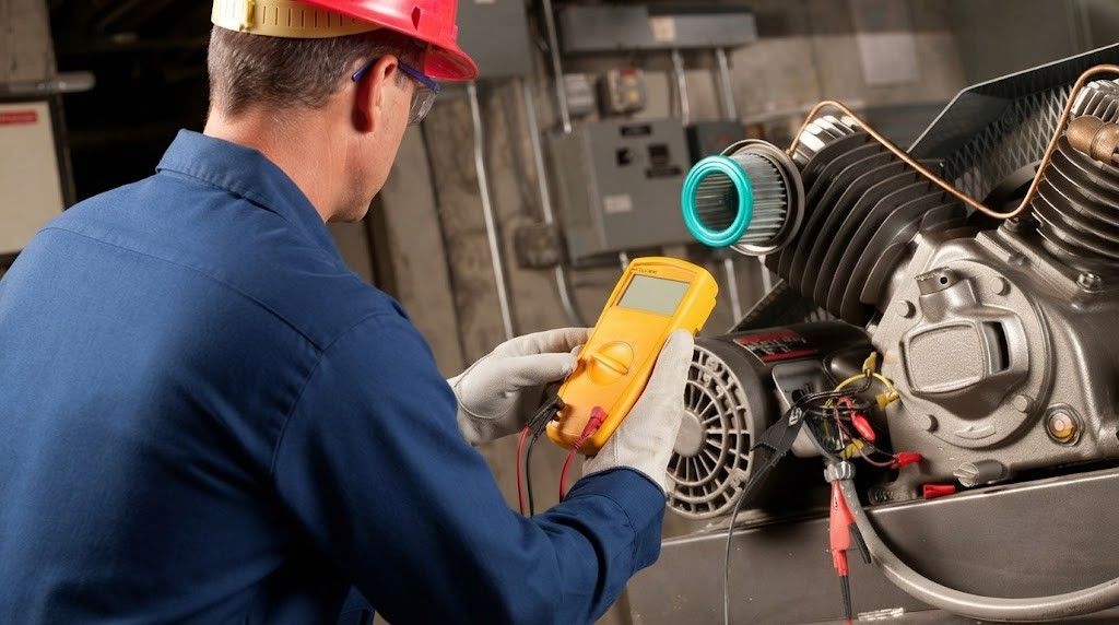 Technician in a hard hat using a yellow meter to inspect industrial machinery in a workshop.