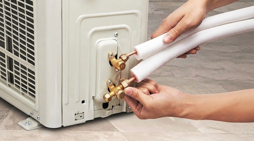 Hands connect white insulated hoses to an outdoor air conditioner unit's brass valves.