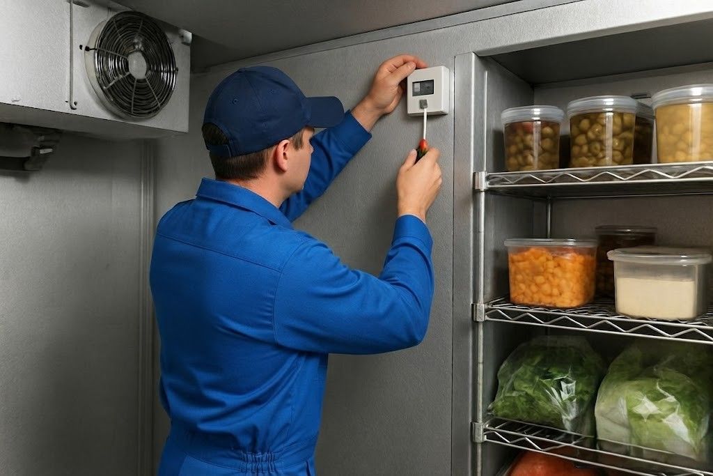 Worker in blue uniform adjusting a wall thermostat in a walk-in cooler beside shelves of food containers and produce.
