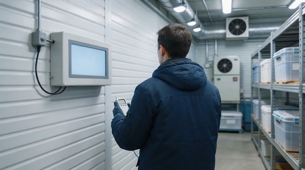 Person using a wall-mounted touchscreen in an industrial facility with metal racks and equipment.