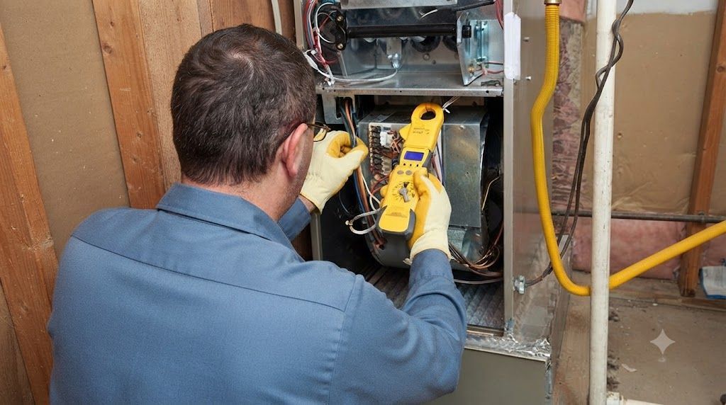 Technician using a yellow meter to inspect wiring inside an open electrical panel