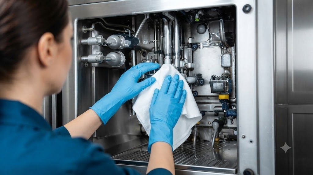 Worker in blue gloves wiping machinery inside a stainless steel industrial cabinet