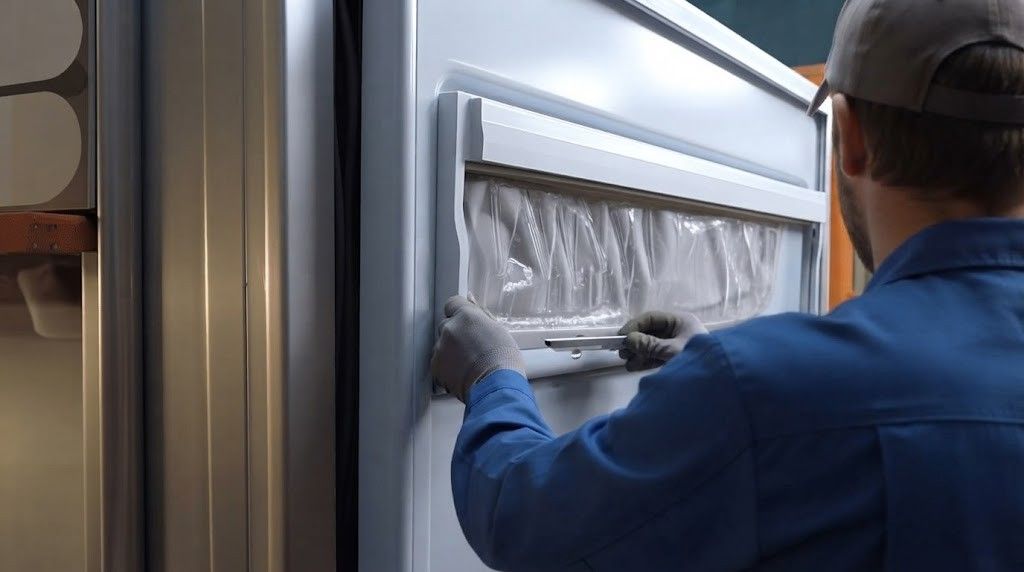 Worker in blue uniform installing or repairing a wall-mounted fixture indoors