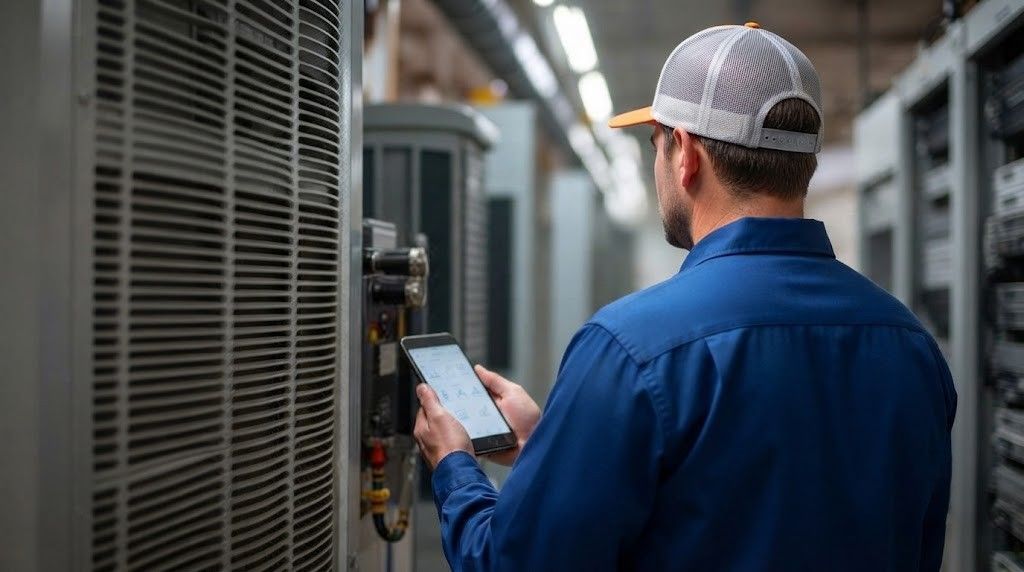 Technician in blue shirt using a tablet in a server room with racks and equipment.