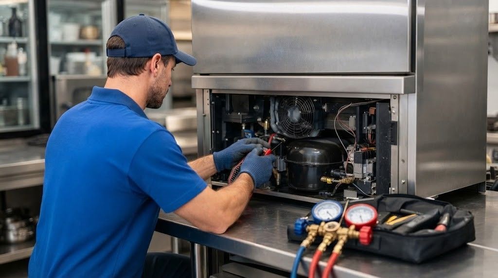 Technician servicing a stainless steel machine with gauges and tools in an industrial kitchen or workshop
