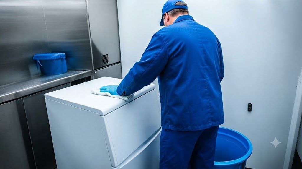 Worker in blue uniform cleaning a white chest freezer in a stainless-steel room.