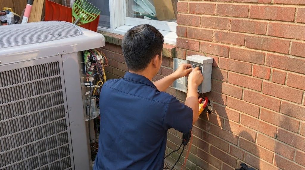 Technician adjusting an outdoor electrical meter on a brick wall next to an air-conditioning unit
