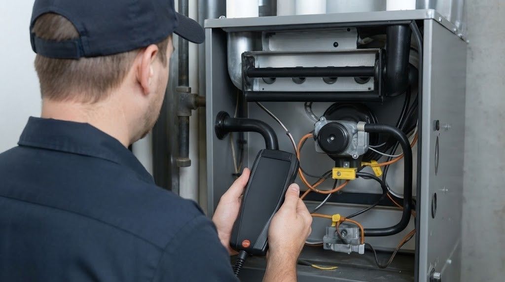 Technician inspecting electrical control panel with a handheld meter inside an open cabinet