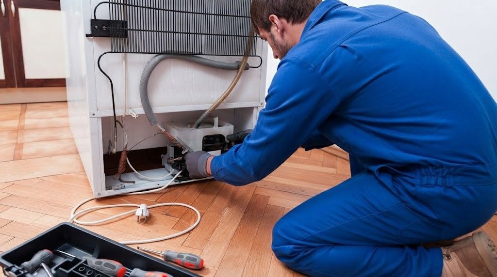 Technician in blue coveralls kneels beside a cabinet, repairing wiring with tools on the floor.
