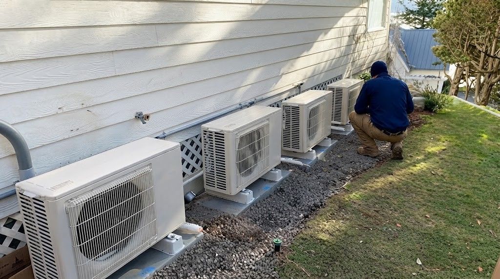 Row of outdoor HVAC units beside a house, with a person crouching near the wall in a grassy yard.