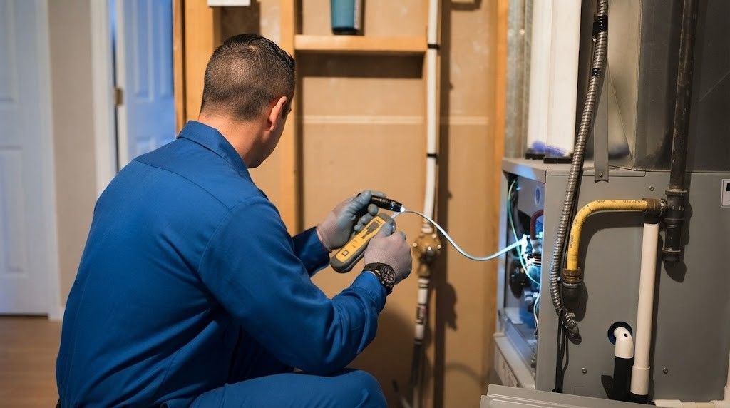 Technician in blue uniform inspecting HVAC unit with gauges inside a home hallway