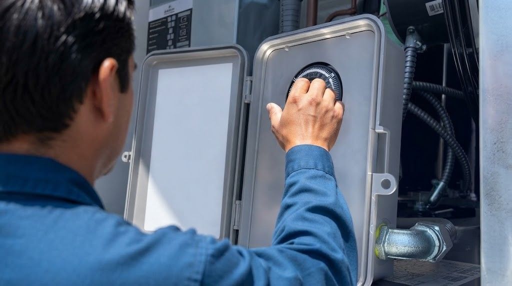 Technician inspecting an electrical panel with a hand on a control dial.