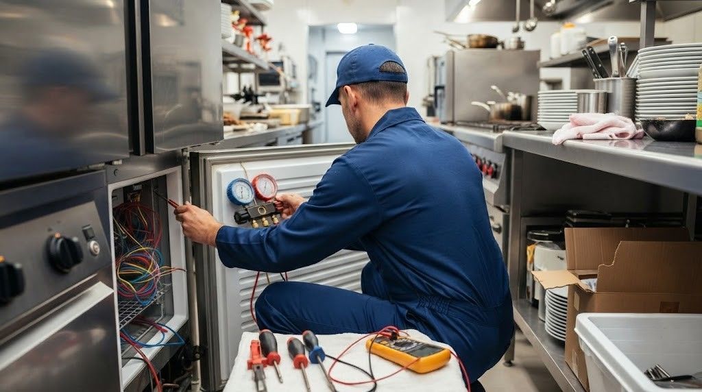 Technician in blue uniform repairing kitchen equipment with tools in a commercial kitchen.