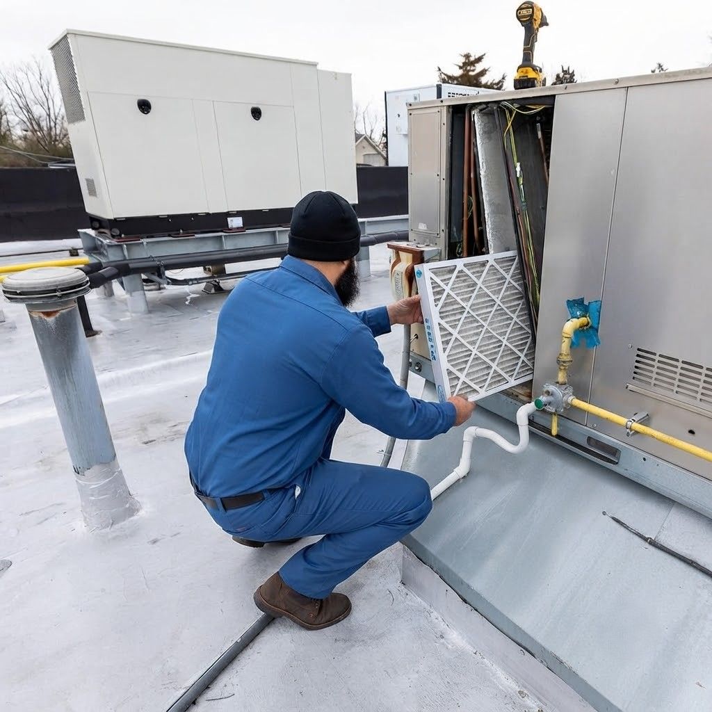 Worker in blue jacket kneels on a rooftop, installing insulation inside an open HVAC unit.