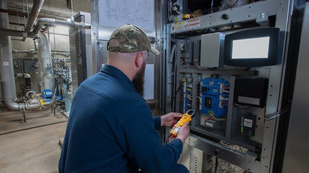 Technician in blue jacket using a yellow tool on an industrial control panel in a factory room