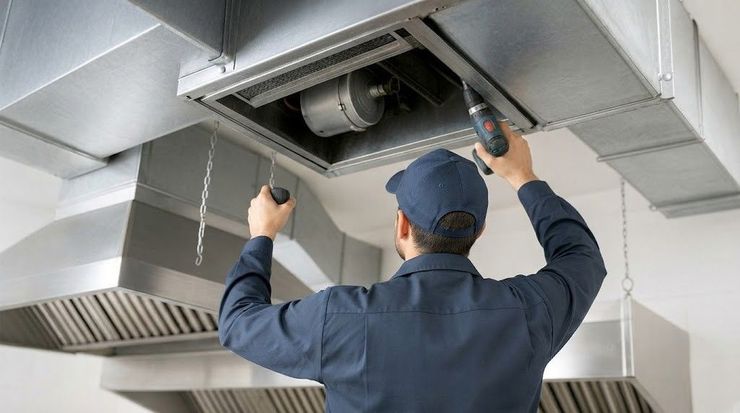 Technician inspecting ductwork overhead with tools in a metal ventilation system
