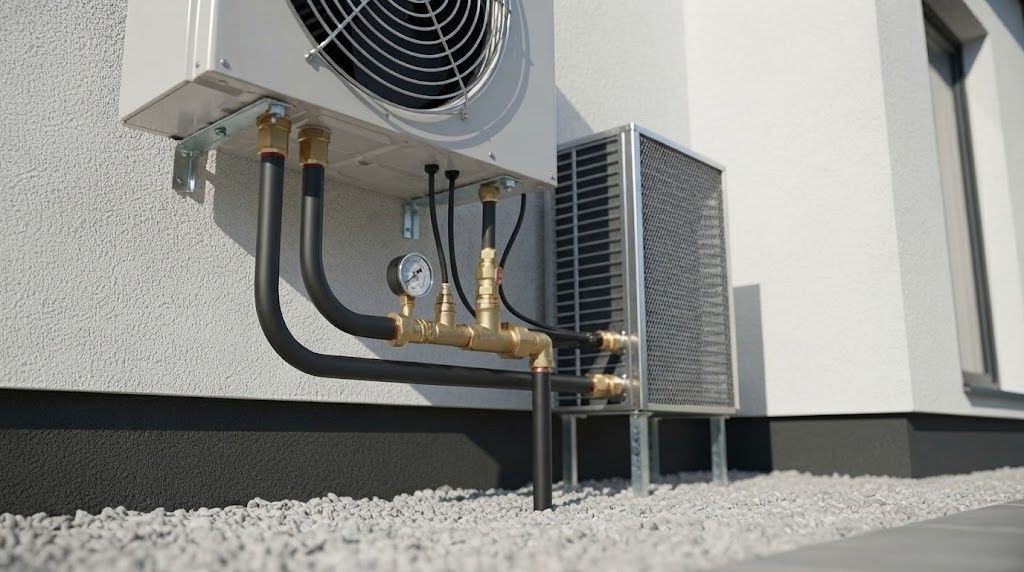 Outdoor air conditioning unit with pipes, gauges, and a wall-mounted condenser beside a building on gravel.