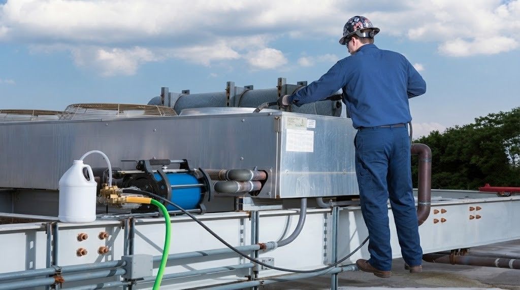 Worker in blue coveralls standing on a rooftop beside large HVAC equipment and hoses.
