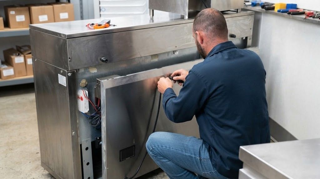 Technician kneeling beside a large stainless steel machine, adjusting a panel in a workshop.
